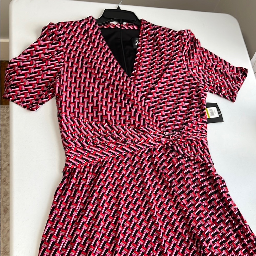 Red and White Puff Sleeve V-Neck Wrap Midi Dress